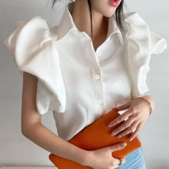 White Casual Women's Single-Breasted Shirt With Puff Sleeve Design - Picture 4 of 4